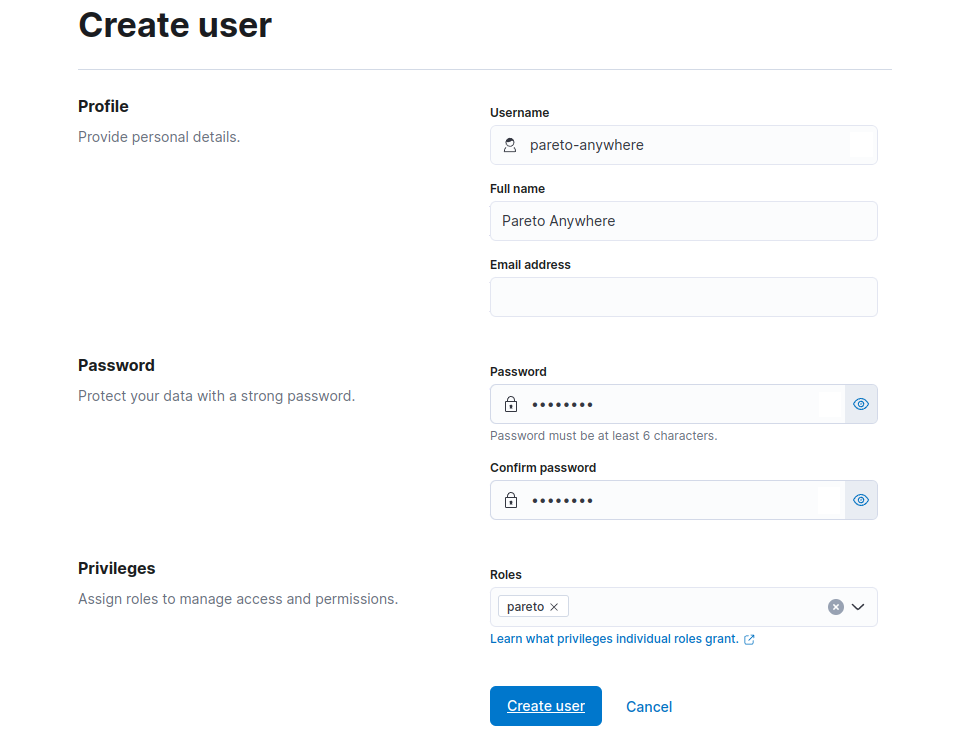 Create pareto-anywhere user in Elastic Cloud
