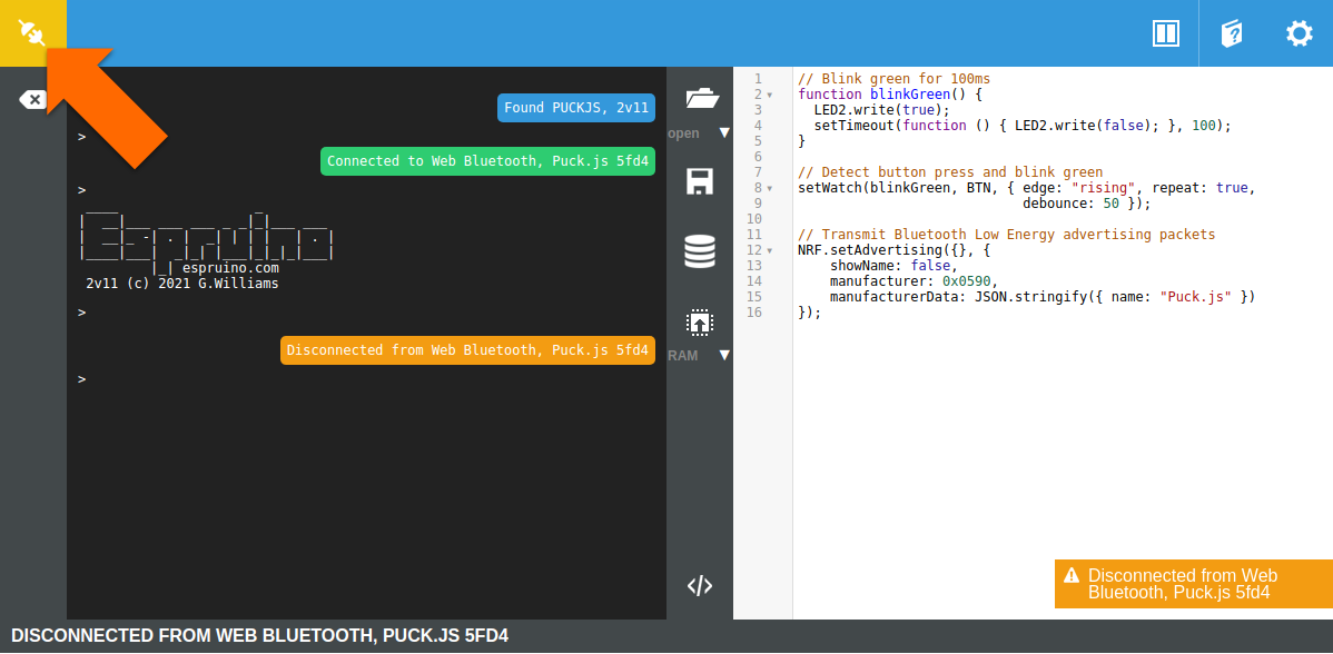 Disconnect from the Puck.js in the Espruino IDE