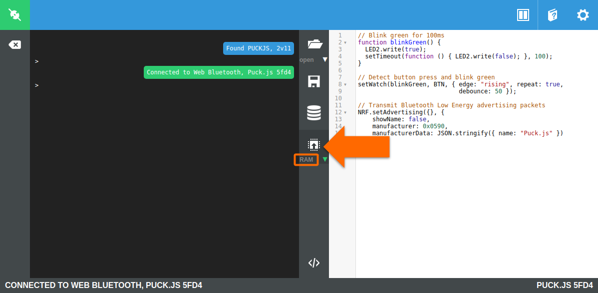 Send code to the Puck.js in the Espruino IDE
