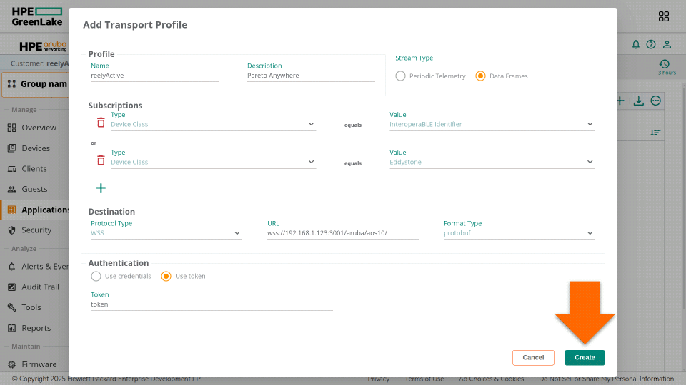 Create Aruba IoT Transport