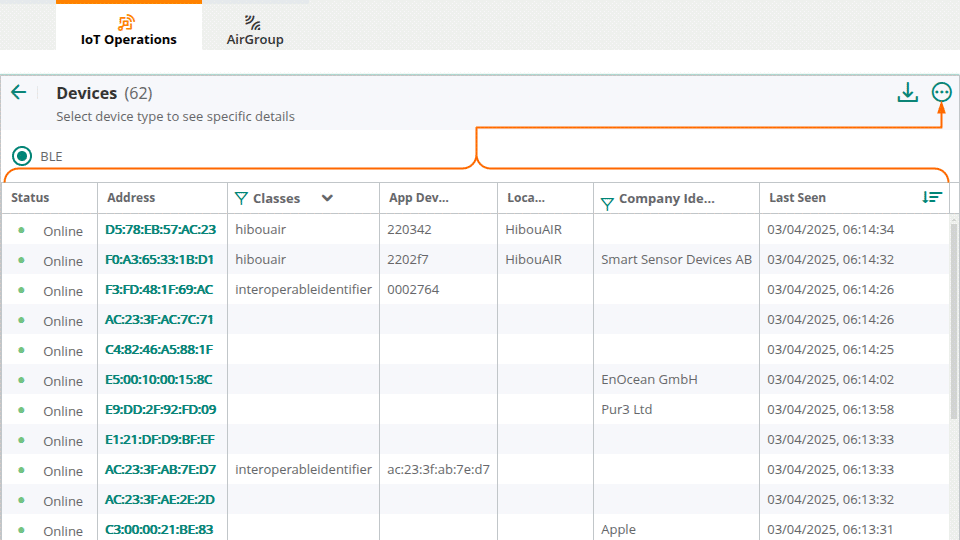 Aruba IoT Operations devices table column selection