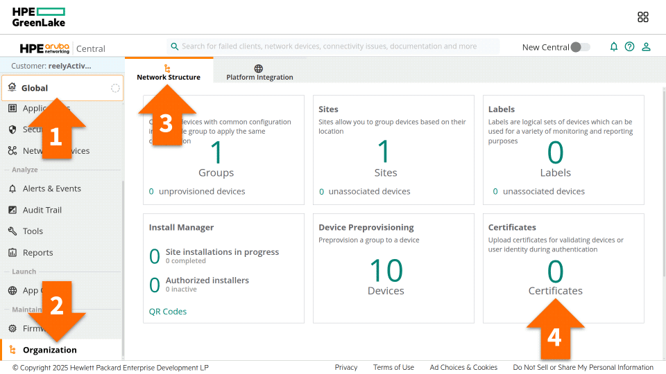 Manage certificates in Aruba Central