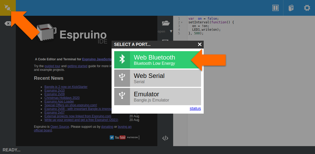 Connecting to a device in the Espruino IDE