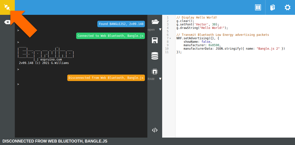 Disconnect from the Bangle.js in the Espruino IDE
