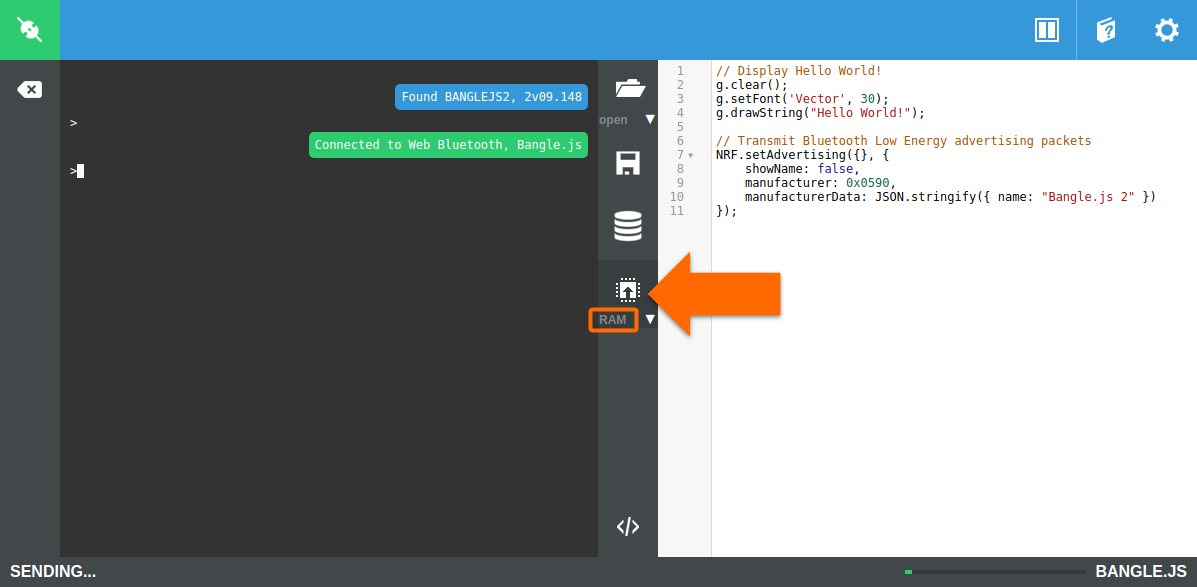 Send code to the Bangle.js in the Espruino IDE