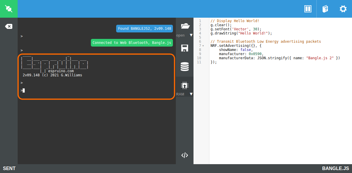 Command prompt on the Bangle.js in the Espruino IDE