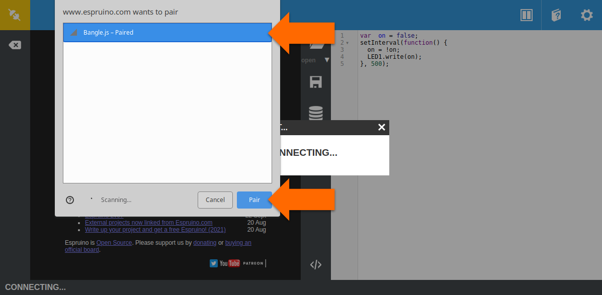 Web Bluetooth pairing in Espruino IDE