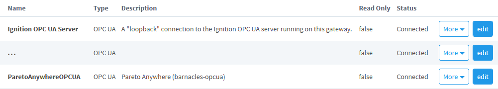 Ignition OPC connections list