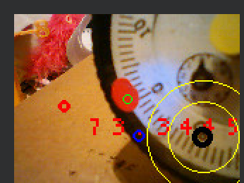 Closeup of the nicla camera pointed at the Red dot on the gauge.