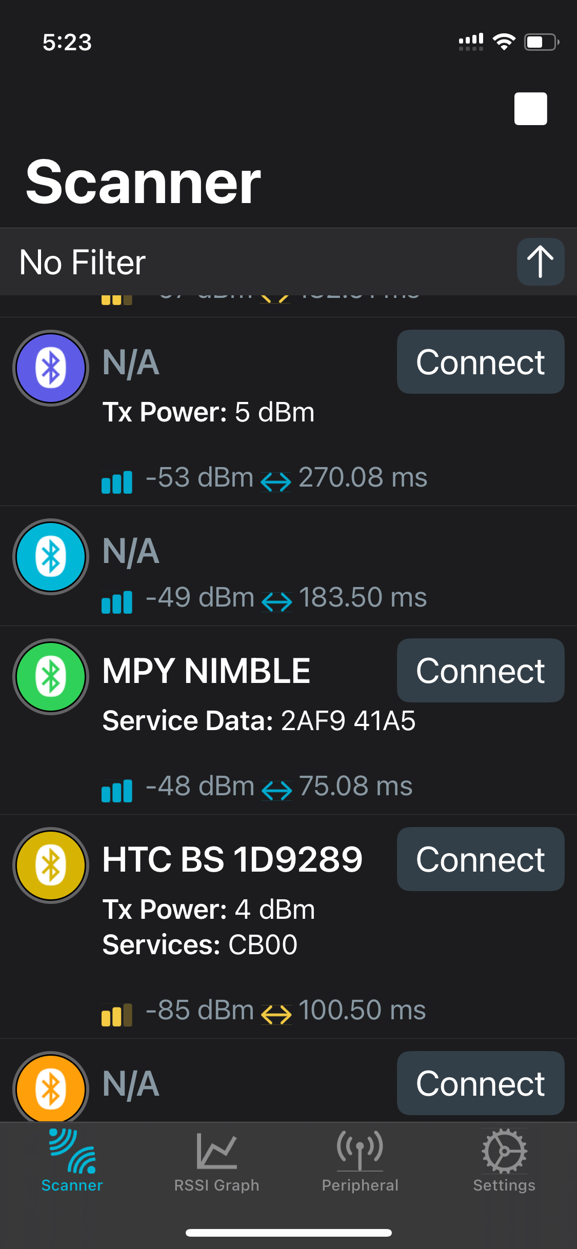 Screenshot of nrfConnect iOS app, showing the Nicla Device sending data.