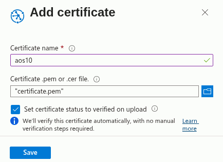 Add certificate popup in Azure DPS