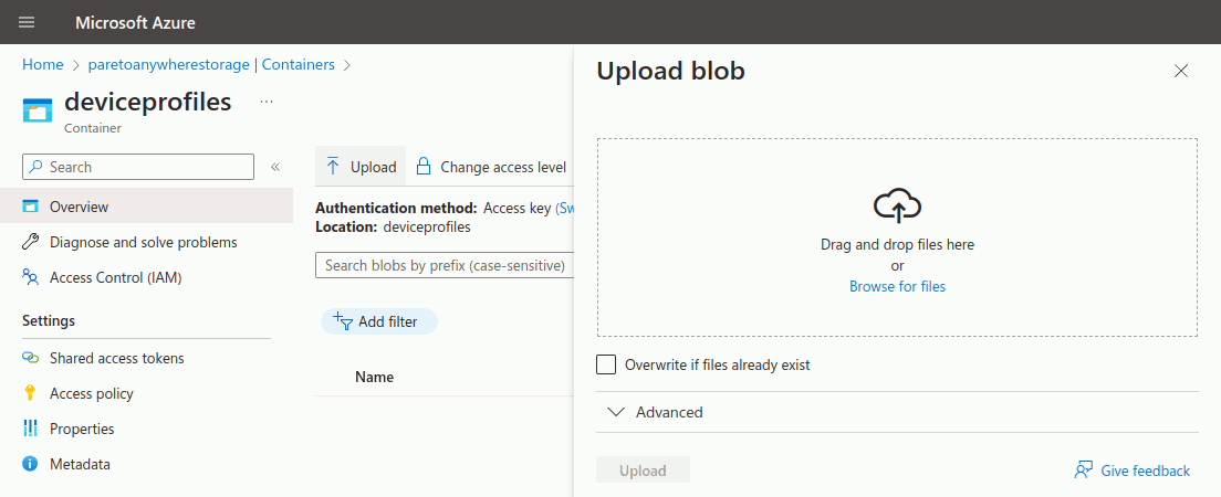 Upload blob to deviceprofiles