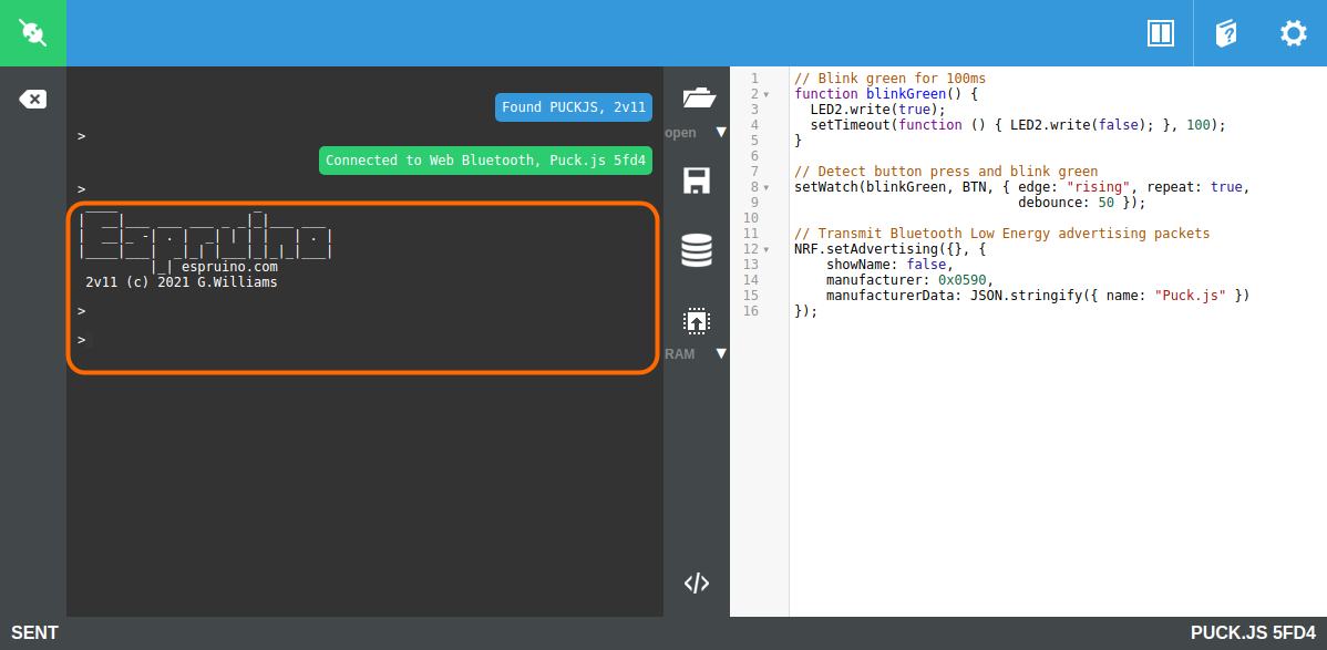 Command prompt on the Puck.js in the Espruino IDE