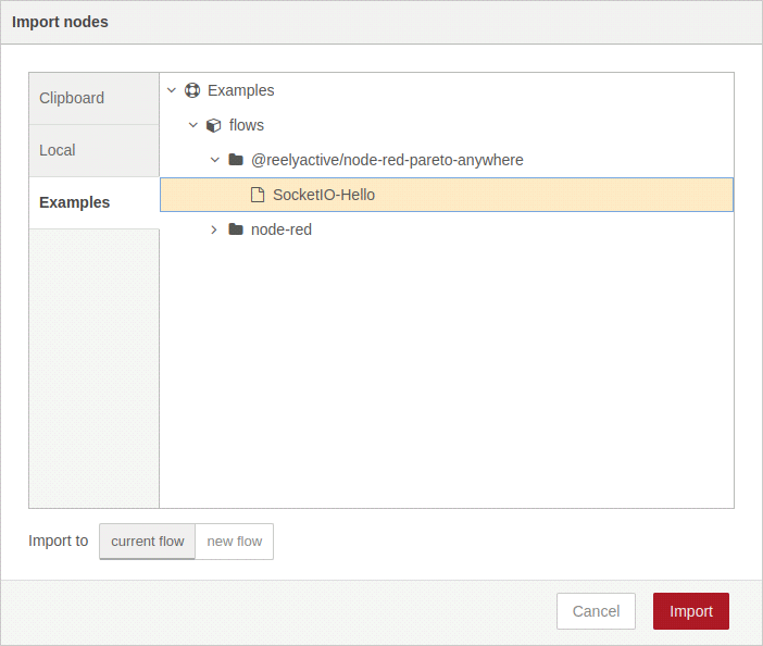 Import Pareto Anywhere examples in Node-RED